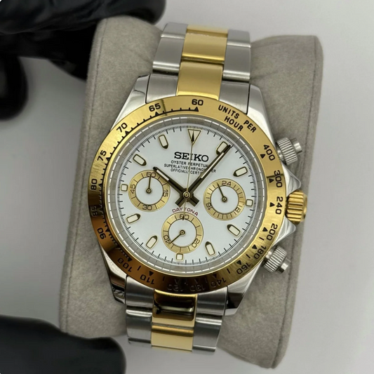 Seiko Mod Daytona Bicolore Or - Cadran Blanc Chronographe