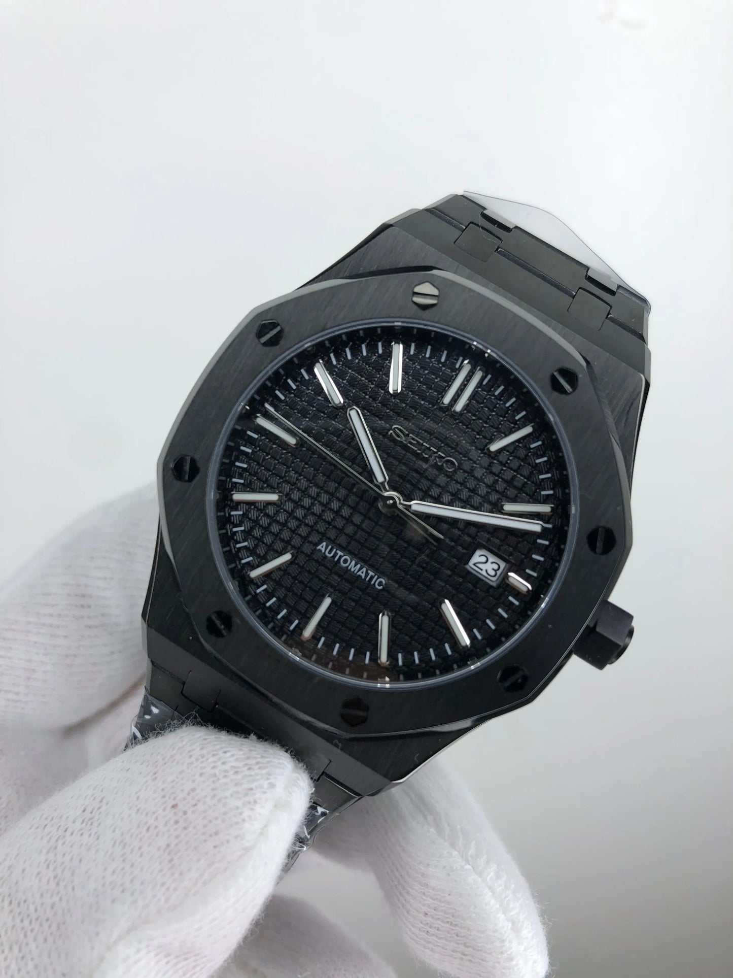 Seiko Mod Royal Oak Acier - Cadran Noir Tapisserie