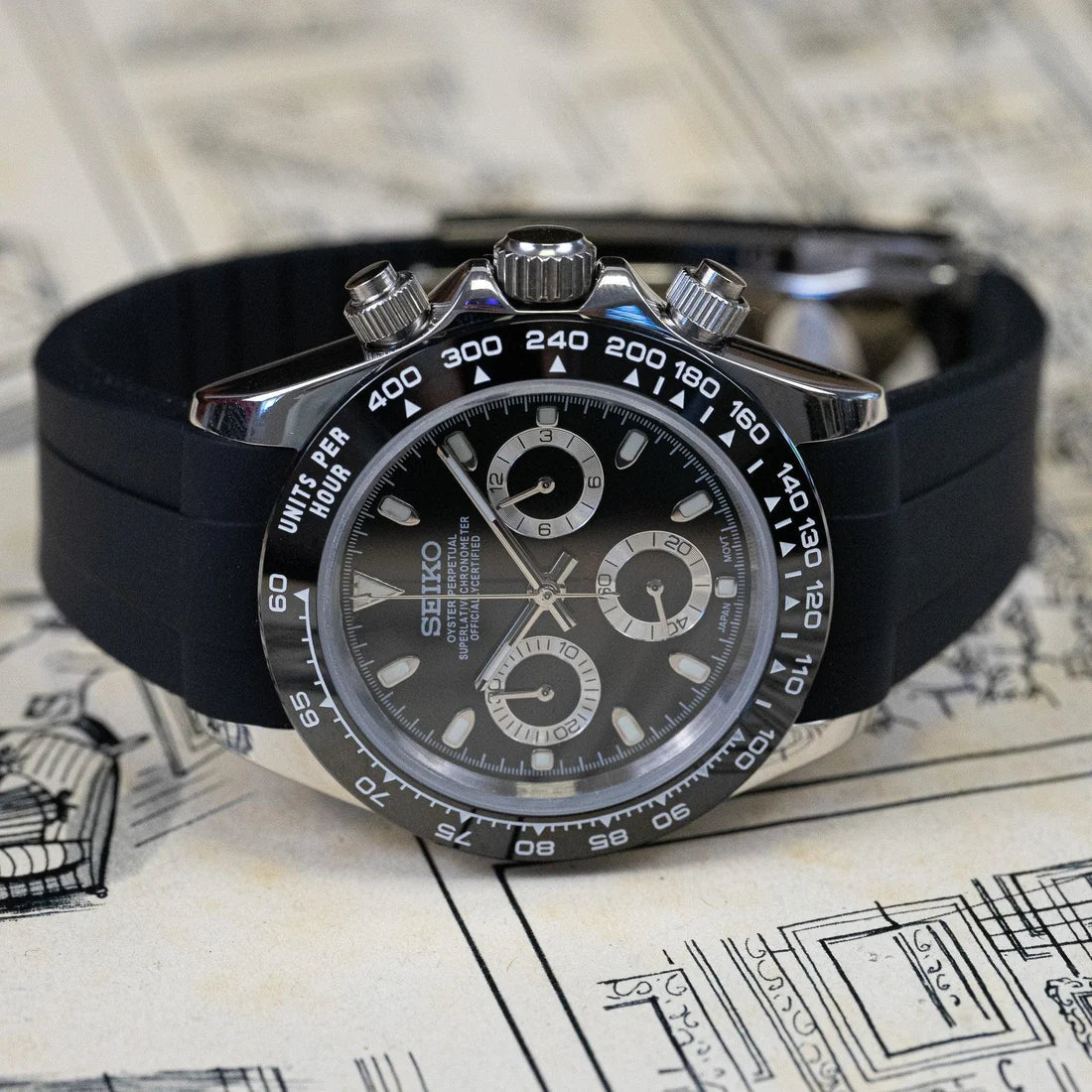 Seiko Mod Daytona Acier - Bracelet Oysterflex Noir Diamants