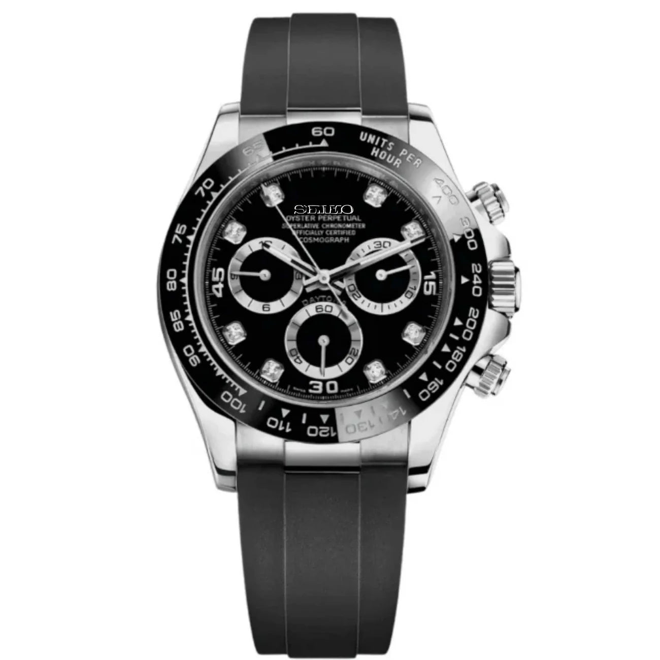 Seiko Mod Daytona Acier - Bracelet Oysterflex Noir Diamants