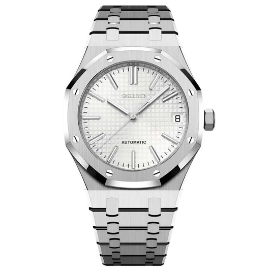 Seiko Mod Royal Oak Acier - Cadran Blanc Argenté Tapisserie