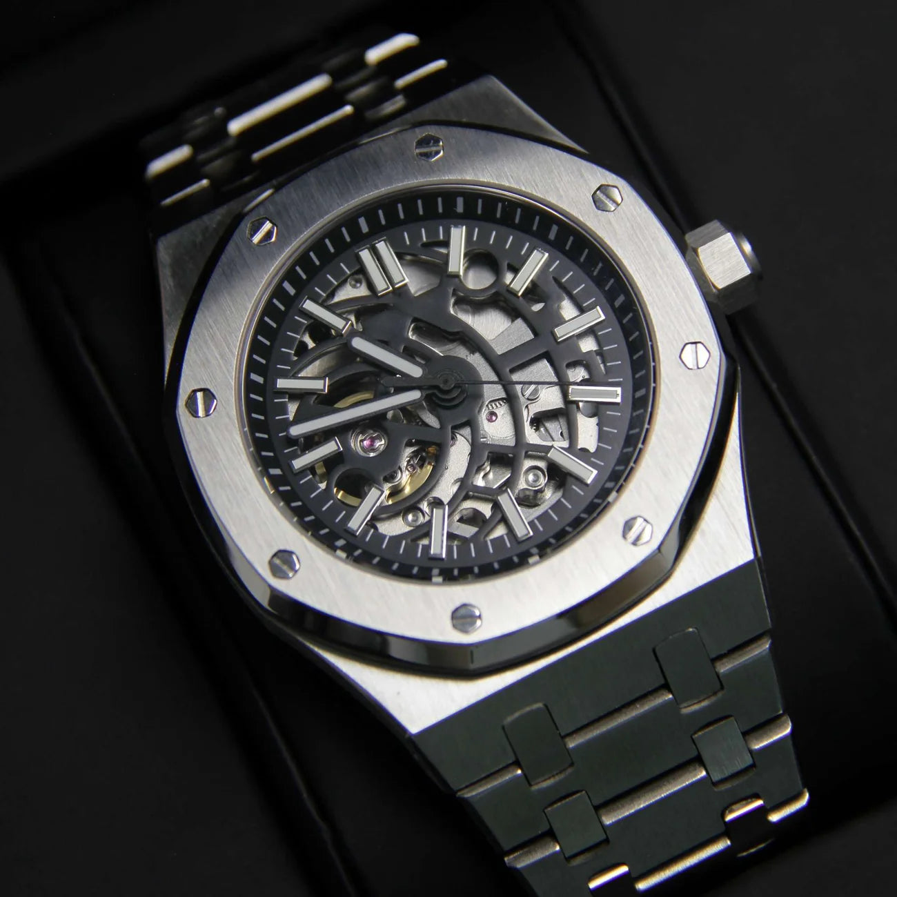 Seiko Mod Royal Oak Acier - Cadran Squelette Noir