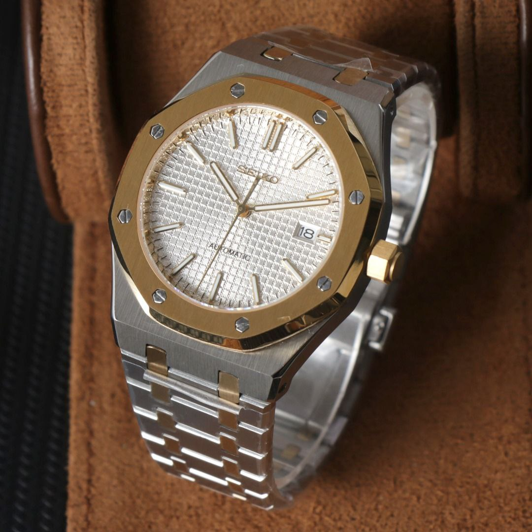 Seiko Mod Royal Oak Bicolore Or Rose - Cadran Blanc Tapisserie