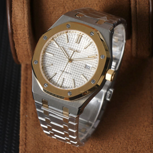 Seiko Mod Royal Oak Bicolore Or Rose - Cadran Blanc Tapisserie